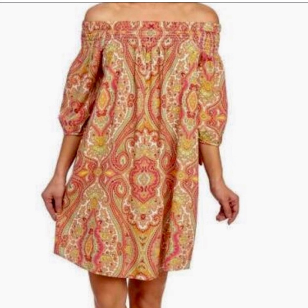 Laundry by Shelli Seigal Bohemian Off-Shoulder Dress Pink Orange Paisley Boho 6